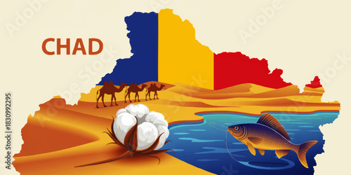 Chad map illustration with desert camels cotton and fish, national flag colors, African landscape travel and agriculture concept