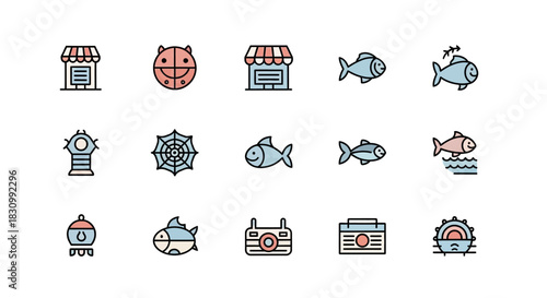 A collection of simple, colorful icons depicting various objects and animals, including shops, animals, and decorative elements. The icons are flat, outlined, and visually appealing
