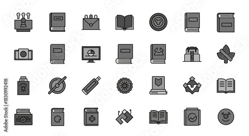A collection of 28 grey icons featuring various objects like books, cameras, computer monitor, compass, USB drive, and a leaf. The icons are minimalistic with black outlines