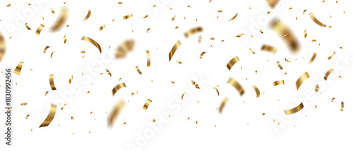 Realistic 3D gold confetti and ribbon streamers on transparent background, ideal for party, birthday or New Year celebration designs. Festive decoration.
