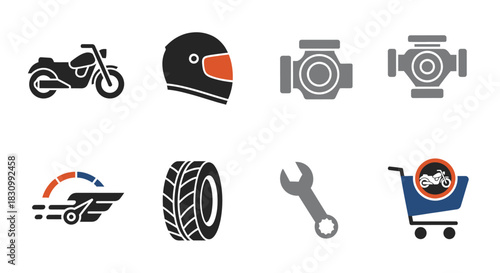 A collection of stylized icons, including a motorcycle, helmet, engine components, speedometer, tire, wrench, and shopping cart. The overall style is modern and minimalistic