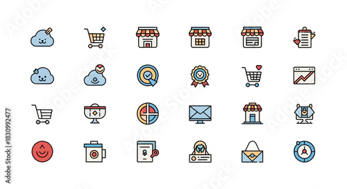 A collection of 24 colorful, minimalist vector icons with a business and technology theme, including cloud shapes, shopping carts, storefronts, and charts