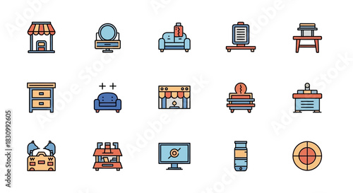 A set of colorful flat design icons. Subjects include furniture, displays, a market, a screen, and a target. Rounded edges, thick outlines