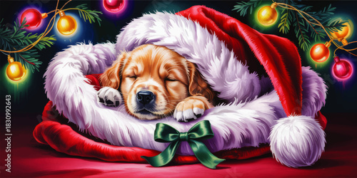 Cute golden retriever puppy sleeping in Santa hat, cozy Christmas illustration with colorful lights and festive holiday decor