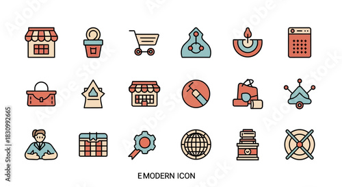 A set of 15 colorful, flat-design vector icons featuring business, medical, and lifestyle elements. Storefronts, tools, and a globe are featured. A woman's image is included
