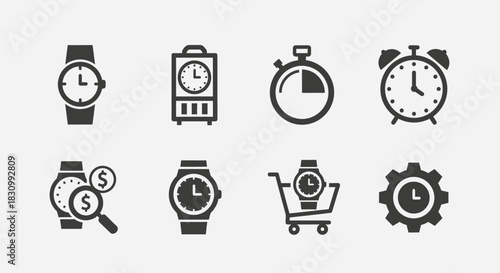 A collection of stylized, monochrome icons featuring various timekeeping devices. Images include wristwatches, timers, clocks, and a gear-shaped icon, conveying time-related concepts