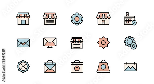 Collection of vector icons representing a shopfront, gear, mail, bag, calendar, and image.  Icons in a flat, linear style. They use pastel colors like peach, blue, and beige with a thin black outline