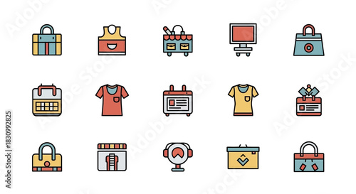 A colorful collection of flat-style icons featuring various objects like bags, clothing, a monitor, calendar, and more. A few items are repeated, displaying different color schemes and styles
