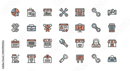 A collection of simple, colored icons featuring tools, shops, financial symbols, and other business-related graphics. The design is flat with black outlines and filled with pale colors