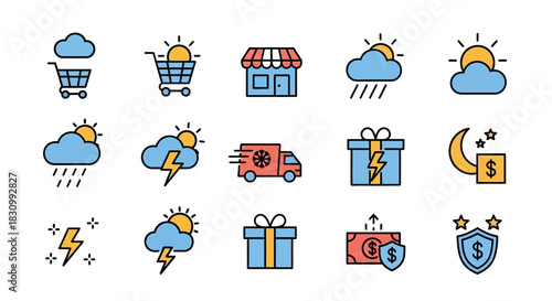 Colorful flat icons depict various weather conditions, shopping carts, shops, gifts, a delivery truck, financial symbols, and a shield, all with a clean, graphic style and outlined edges