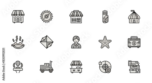 A collection of various outline-style vector icons featuring simple illustrations of shop fronts, people, objects, and shapes, using grey and black