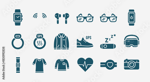 A set of teal-colored icons representing modern wearable tech, health tracking, and electronic devices. Includes watches, headphones, glasses, clothing, shoes, a camera, and sleep tracker