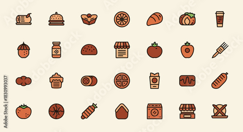 A collection of 24 food-related icons, each with a brown and tan color scheme and black outlines. Various food items, ranging from pastries to produce are depicted