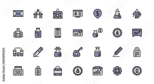 Collection of various icons featuring mail, laboratory equipment, a briefcase, profile, dollar sign, flask, a building, a machine, bottles, a card, chart, and gears