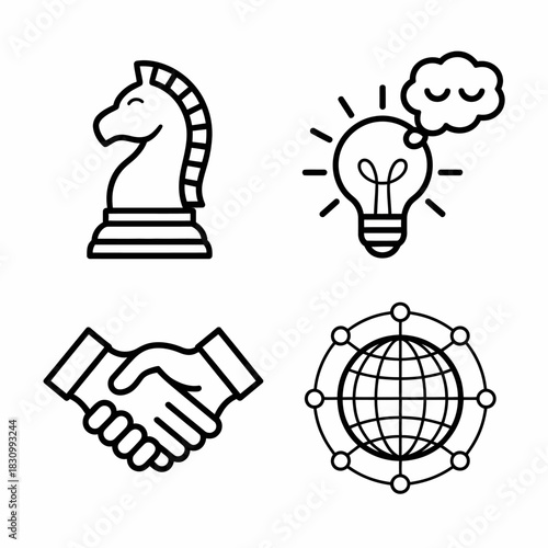 Business Strategy Line Icon Set – Minimal Black and White Vector Illustrations of Chess Knight, Idea Bulb, Handshake, and Global Network.