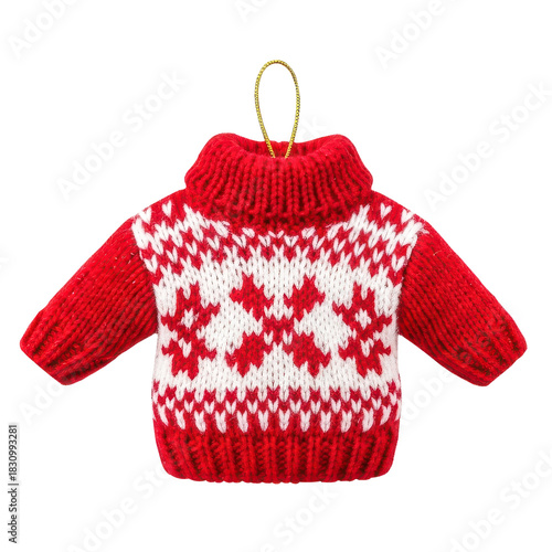 Red Christmas Sweater Ornament with Knitted Snowflake Pattern on transparent background