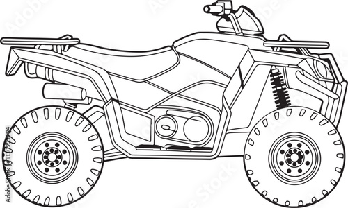 Black and white line art illustration of an all-terrain vehicle for off-road adventures and outdoor exploration