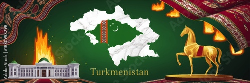 Turkmenistan national symbols illustration with map, Ashgabat palace, golden Akhal Teke horse, fire and traditional carpet border