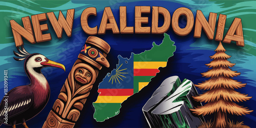 Colorful New Caledonia travel illustration with island map, tropical bird, Kanak totem, pine tree and gemstone on blue ocean background