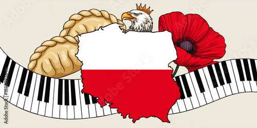 Poland culture illustration with Polish flag map, crowned eagle, pierogi, red poppy flower and curved piano keyboard on beige background