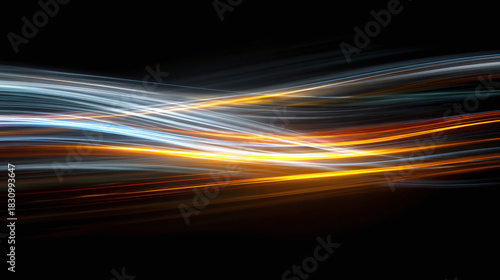 Abstract lines of light flowing across a dark backdrop, creating a sense of movement and energy. The vibrant colors and dynamic composition suggest motion and speed
