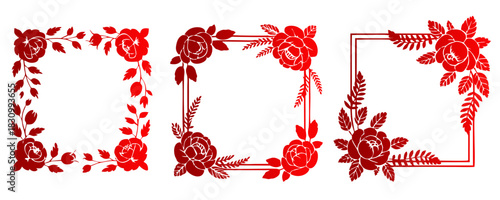 A set of three decorative square frames with red gradient rose and leaf silhouettes.