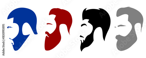 A set of four colorful minimalist icons of a bearded man's profile with a modern hairstyle.