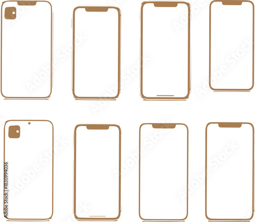 Smartphone outline set front and back views, diverse models vector illustration