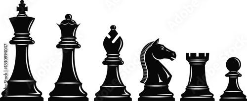Classic Chess Pieces Silhouette Vector Illustration Set Including King Queen Bishop Knight Rook and Pawn for Strategy Game Competition Concept
