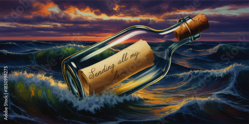 Romantic message in a bottle floating on stormy ocean waves at sunset, love letter seascape illustration for Valentine’s Day design