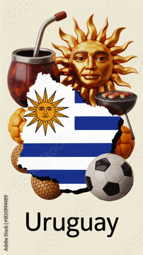 Uruguay culture illustration with national flag map, sun of May, mate gourd, football, asado barbecue and traditional symbols