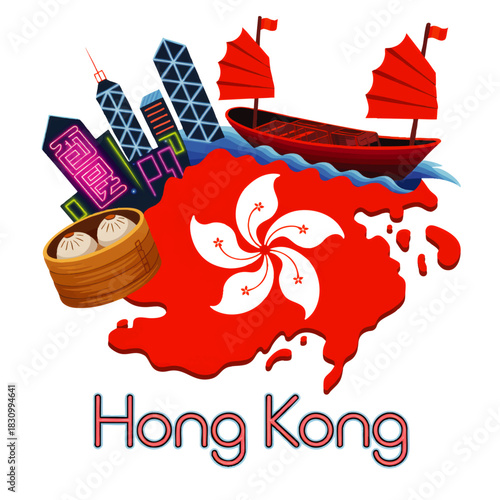 Colorful Hong Kong illustration with city skyline, junk boat, dim sum, and Hong Kong flag map for travel and tourism design