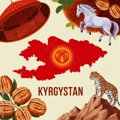 Kyrgyzstan culture illustration with national map flag, snow leopard, white horse, walnut tree and traditional yurt symbols
