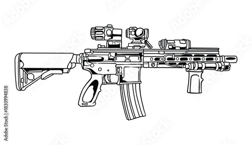 Isolated black and white line drawing of a modern special forces carbine. High-detail gun vector illustration with tactical accessories.