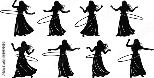 Collection of female dancer silhouettes performing a hula hoop dance in long flowing dresses with flowing hair, representing movement, fitness, and artistic performance vector illustration set.