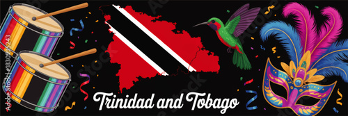 Trinidad and Tobago carnival illustration with flag map, colorful drums, hummingbird, masquerade mask and confetti on black
