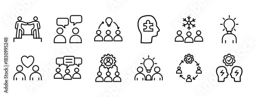 Set of Teambuilding Related Vector Line Icons. Contains such Icons as Trust Building, Effective Communication, Problem Solving Activities, Leadership Rotation, Conflict Resolution.