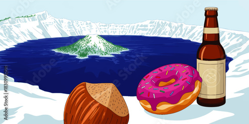 Colorful donut, coconut and beer bottle picnic with snowy mountain lake and island landscape, fun winter food illustration