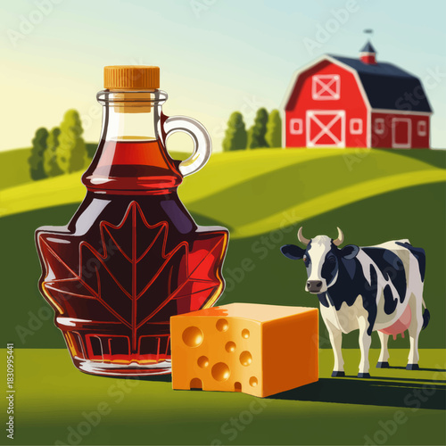 Maple syrup bottle and cheese block with dairy cow on green farm landscape, rustic countryside food illustration for branding