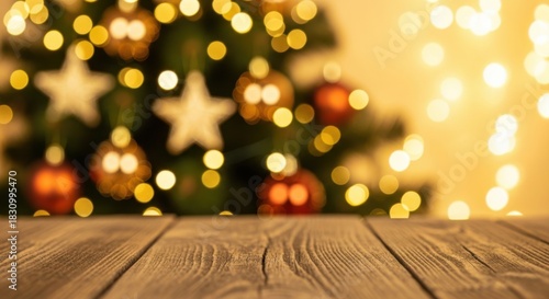 Wooden table foreground with christmas lights bokeh