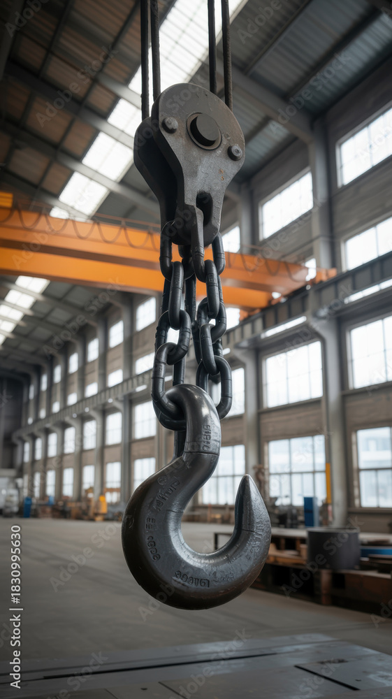 Naklejka premium Heavy duty crane hook and chain ready to lift, perfect for construction, industrial, and manufacturing projects needing reliable and robust equipment