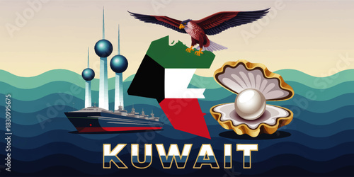 Kuwait skyline illustration with Kuwait Towers, falcon on national map, pearl oyster, luxury ship and ocean waves tourism concept