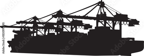 Black silhouette illustration of a cargo container ship with gantry cranes, symbolizing global trade and port logistics