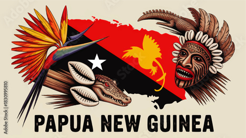 Papua New Guinea cultural illustration with flag map, tribal mask, bird of paradise, crocodile and traditional ethnic symbols