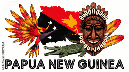 Papua New Guinea cultural illustration with tribal mask, bird of paradise, crocodile and national flag design for travel and tourism