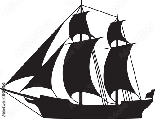 A silhouette illustration of a ship sailing on the sea with billowing sails, a classic nautical vessel