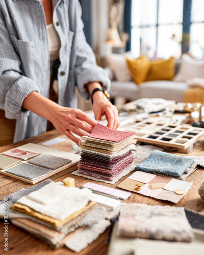 A person organizes colorful fabric swatches on a table surrounded by design materials, showcasing a creative workspace.