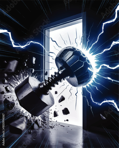 Explosive metal bolt smashing through door with blue electric energy burst, powerful breakthrough innovation and creative disruption concept