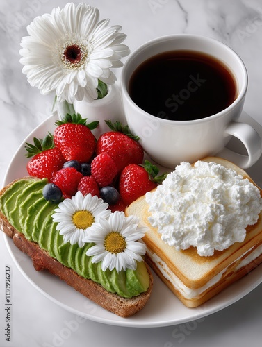 A delicious breakfast plate featuring avocado toast, fresh strawberries, blueberries, and a cup of black coffee. Perfect for a healthy morning meal.