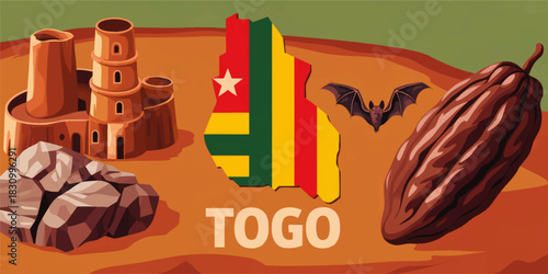 Togo country map with flag colors, cocoa pod, bat and african landscape illustration for tourism and culture concept